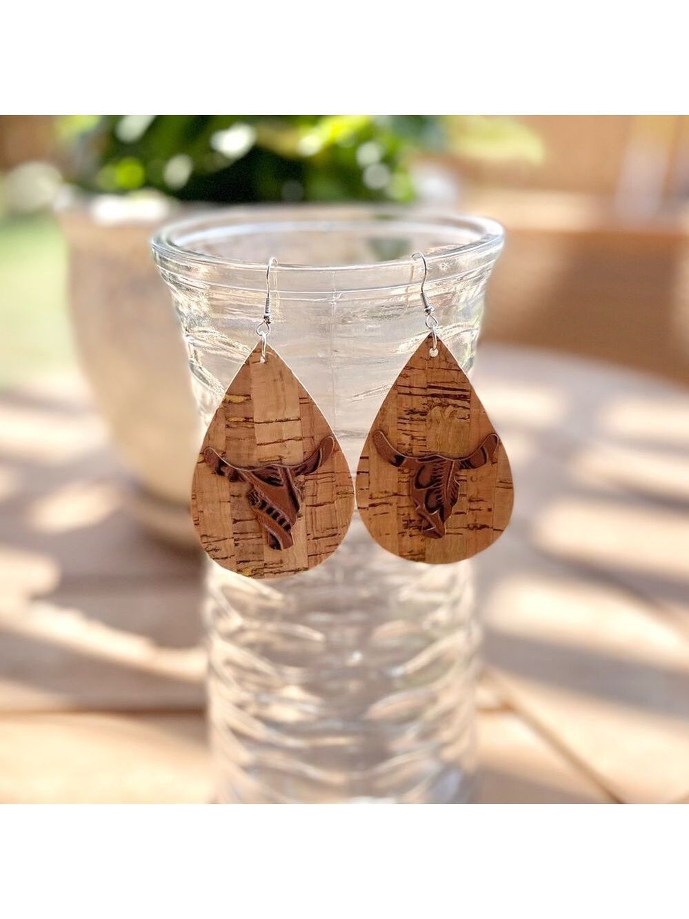Leather Teardrop Eaarings with Steer Bull Head Silhouette